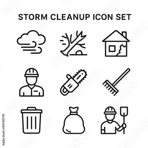 Disaster cleanup and recovery icons. Outline symbols. Line design