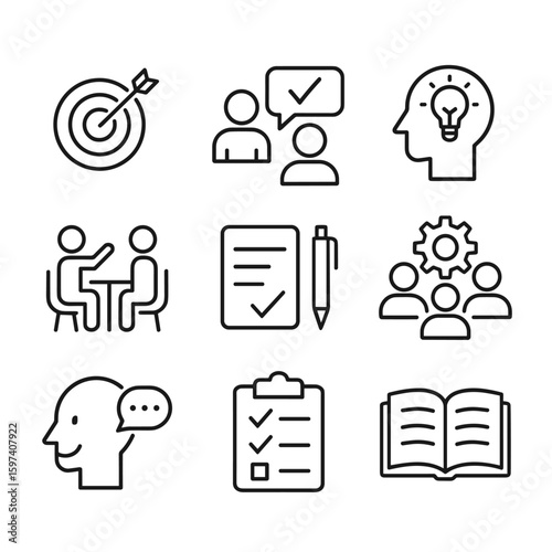 Business coaching tools vector icon symbols. Outline symbols. Line design