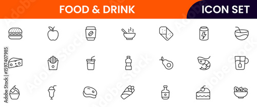 Food and drink vector line icons including utensils, plates, beverages, fruits, fast food, cooking tools, and restaurant elements.