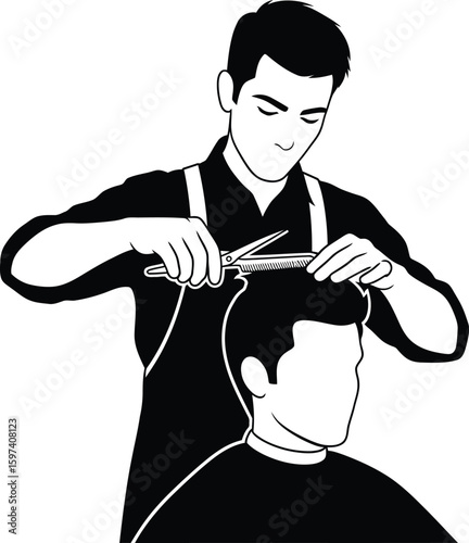 Vector art of barber cutting a clients hair with scissors isolated on transparent background
