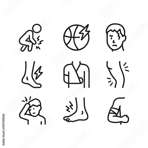 Sports injury and medical vector icons. Outline symbols. Line design