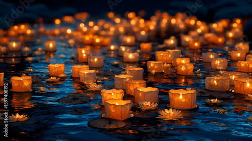 Floating paper lanterns on a river at night (Toro Nagashi).	A beautiful and serene image of hundreds of glowing paper lanterns floating down a river at night, a traditional Obon ceremony.
