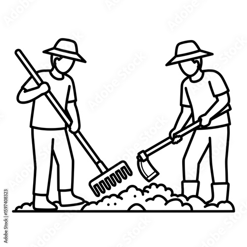 People plowing soil with rakes and hoes in a field