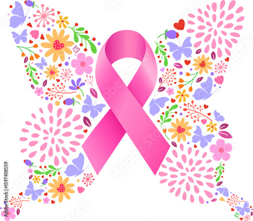 Pink ribbon with butterfly wings full of nature. Breast Cancer Awareness Ribbon. Vector illustration for health.