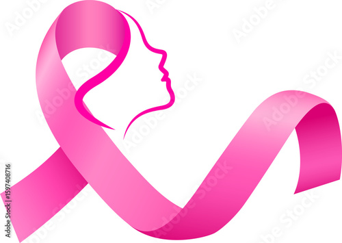 Woman face in pink ribbon. Breast Cancer Awareness Month Campaign. Icon design, vector illustration.