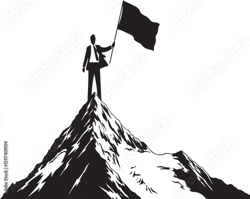 Businessman holding flag on mountain peak silhouette