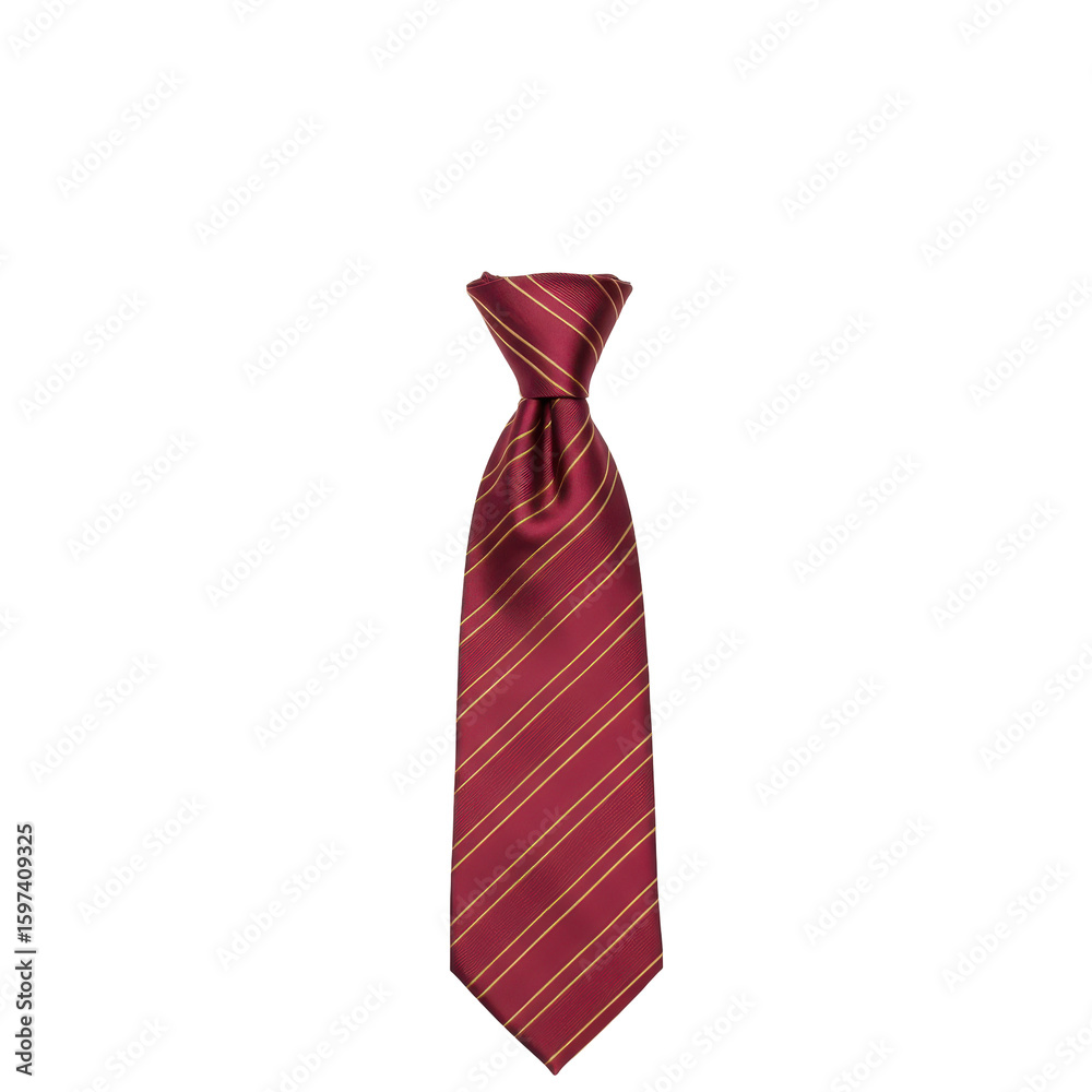 Elegant maroon tie with gold stripes, knotted and hanging vertically. Elegant maroon tie with gold stripes, knotted and hanging vertically.