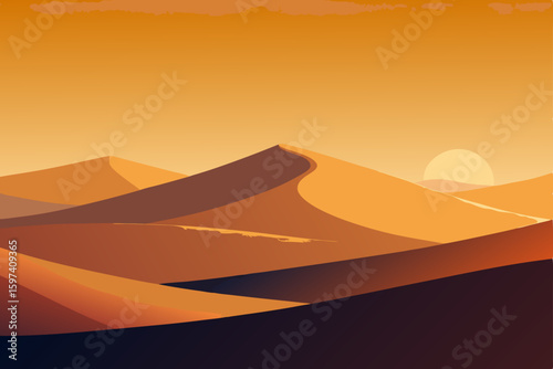 golden desert at sunrise with long shadows 