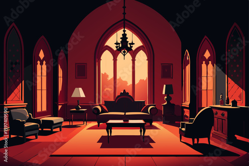 gothic victorian living room with deep crimson ton 