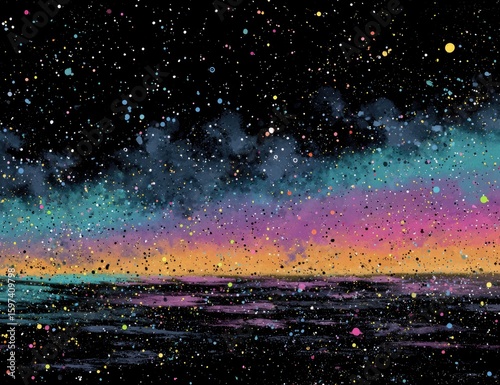 Colorful, vibrant space landscape with a starry night sky, swirling nebulae, and a horizon of color