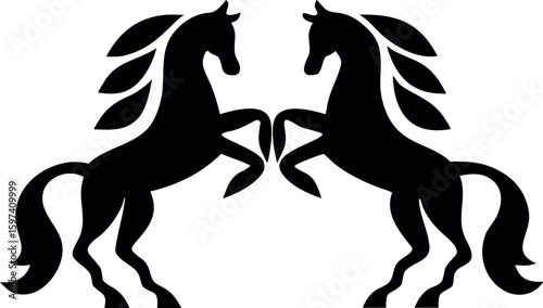 a mirrored pair of black silhouettes ? two horses facing each other in a symmetrical pose, such as rearing or prancing.