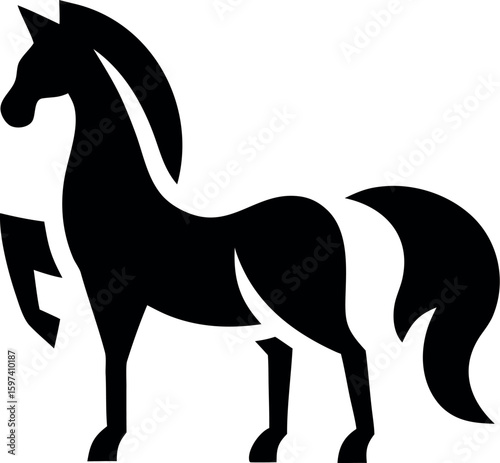 a silhouette of a show horse prancing with tail dramatically feathered and lifted.
