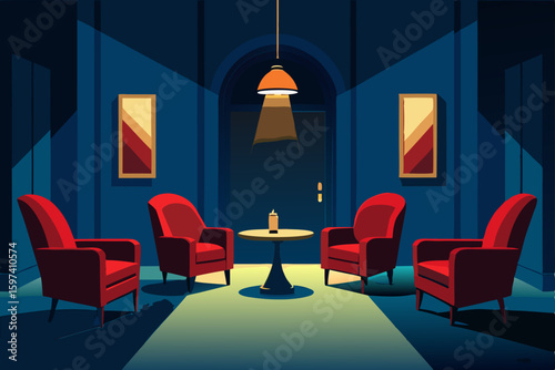 hidden alley speakeasy living room with red velvet 