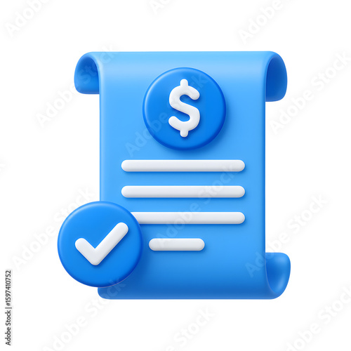 3D invoice document icon with dollar sign and approval check mark in blue, isolated on transparent background