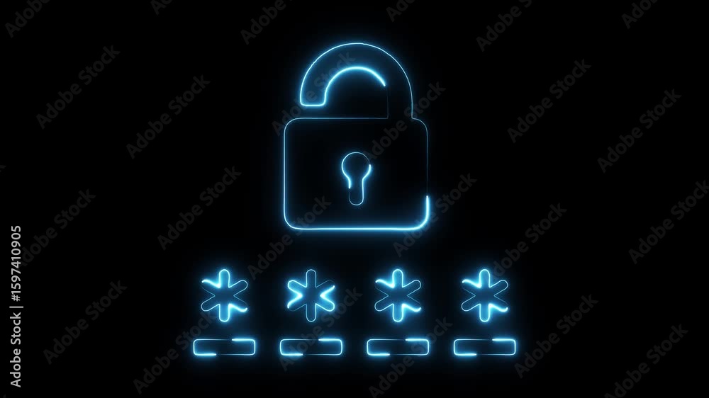 Glowing blue neon open padlock symbol above asterisks representing password entry on a dark background digital Glowing blue neon open padlock symbol above asterisks representing password entry on a dark background digital