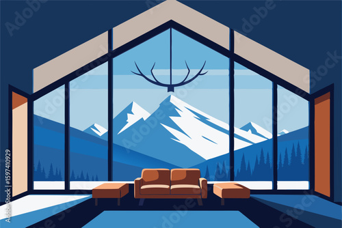 high ceiling alpine lodge living room with antler .svg