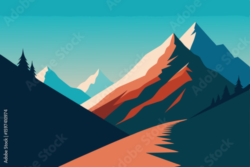 high mountain trail with backpacks and distant sno
