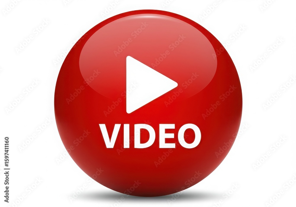 Glossy red sphere with white play button and video text Glossy red sphere with white play button and video text