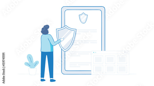 Woman holding a shield in front of a digital document with a web browser window next to it