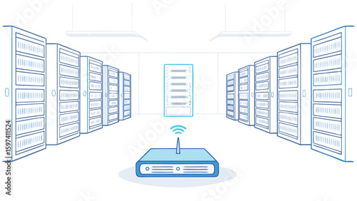 Illustration of a server room with rows of cabinets and a router with wireless signal icon in front