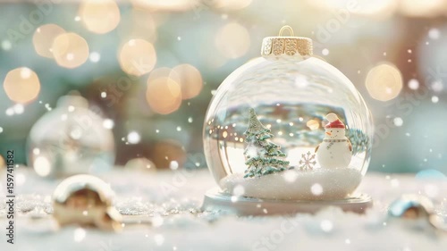 A beautifully detailed snow globe with a snowman and Christmas tree, showcasing a winter wonderland. Soft snowflakes fall, creating a serene holiday atmosphere.
