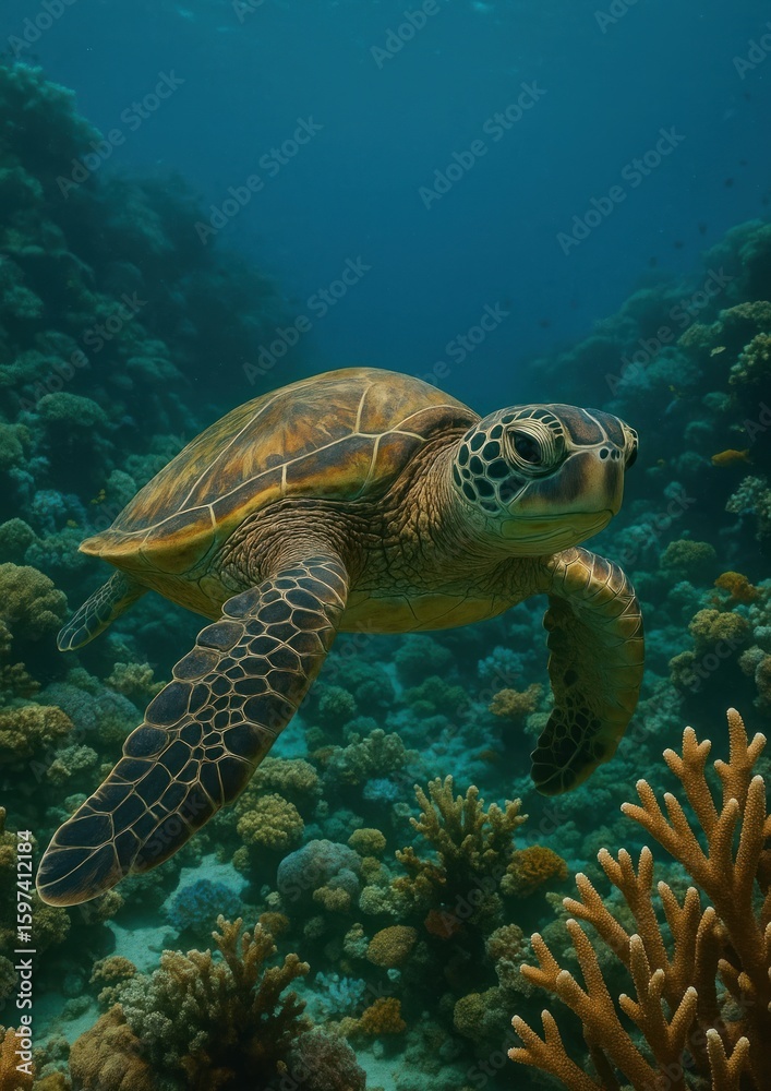 Obraz premium Graceful turtle amidst vibrant corals.