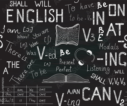 Educational "back to school" vector seamless pattern with handwritten English language grammar concepts - tables, auxiliary verbs, rules 