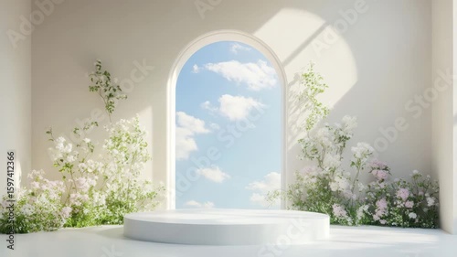 White round podium with flowers under blue sky and fluffy clouds, natural light casting soft shadows through arched window, minimalistic design creating peaceful and fresh atmosphere