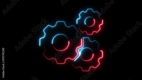 Glowing neon gears interlocking in abstract motion red and blue light lines on black background representing