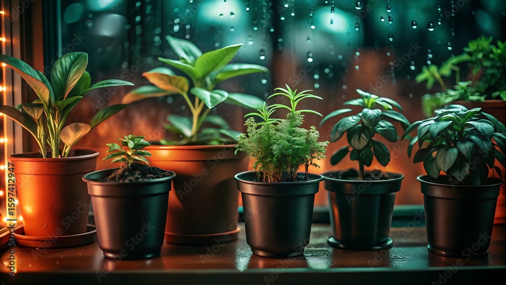 Obraz premium Indoor potted plants on a windowsill with bokeh lights at night