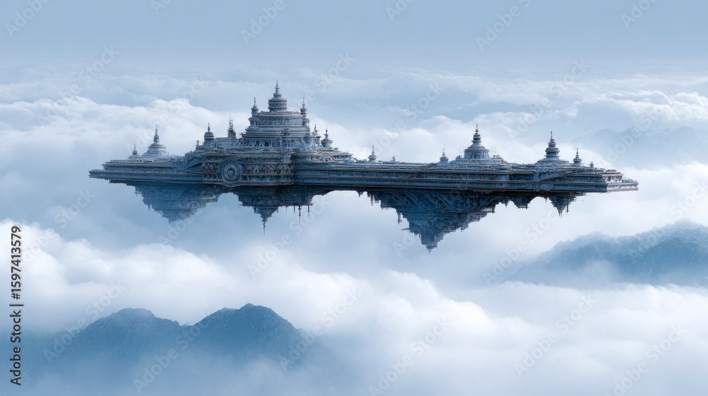 Fototapeta premium A vast ornate futuristic city structure floats serenely amongst soft ethereal clouds above misty mountains