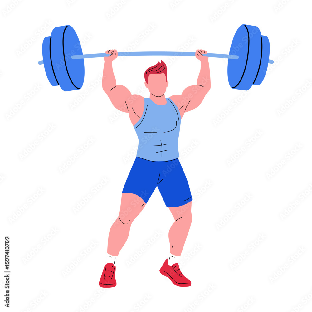 Obraz premium Flat vector illustration of a strong male weightlifter lifting a heavy barbell. Perfect for fitness, strength training, gym, and athletic-themed projects.