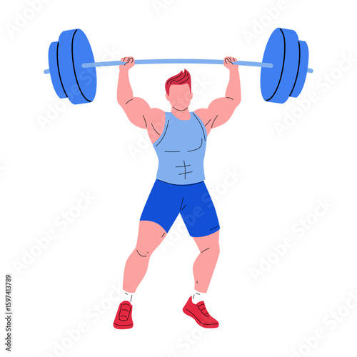 Flat vector illustration of a strong male weightlifter lifting a heavy barbell. Perfect for fitness, strength training, gym, and athletic-themed projects.