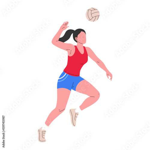 Flat vector illustration of a female volleyball player jumping to hit the ball. Sport concept design for health, fitness, competition, or team play themes.
