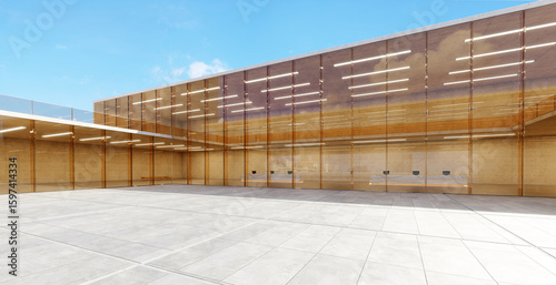 Fotografie 3d rendering modern glass and concrete building reflecting blue sky and clouds