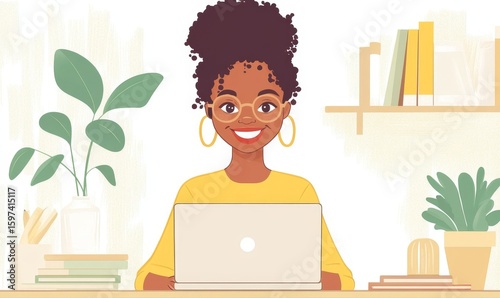 Happy smiling African American female working remotely from home at her laptop. Positive and flexible work culture, Generative AI