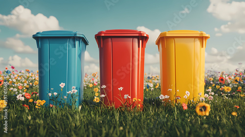 Wallpaper Mural Three colorful recycling bins in blue, red, and yellow stand in a vibrant flower-filled meadow under a partly cloudy sky. Torontodigital.ca