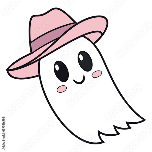 Charming cartoon ghost wears a stylish pink cowboy hat and looks incredibly adorable with transparent background
