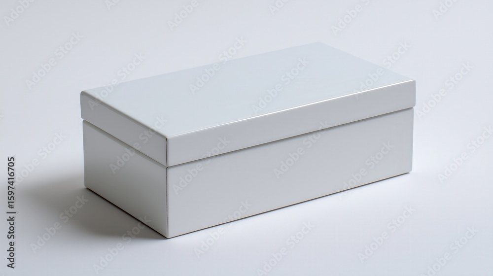 Fototapeta premium A white box with a silver lid sits on a white background. The box is empty and has a clean, minimalist appearance