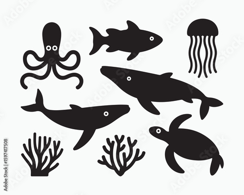 A collection of black and white sea creatures including octopus whale turtle and jellyfish on white background