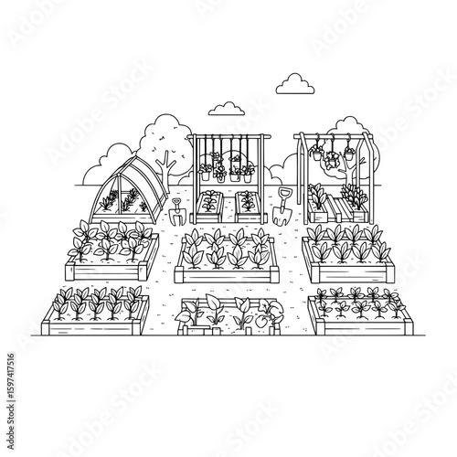 garden with greenhouses and vegetable patches for sustainable farming