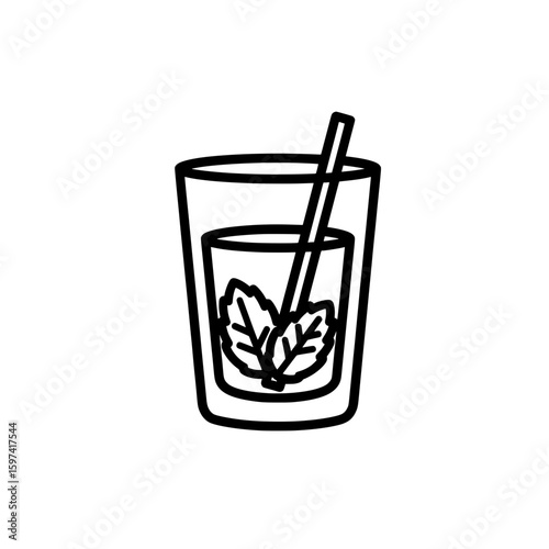 Glass of water with mint leaves and straw in outline style