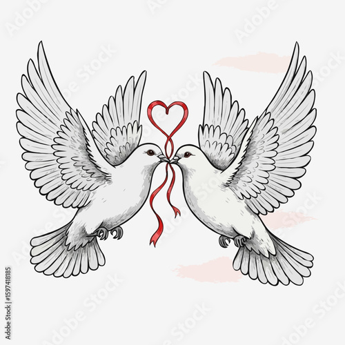 Two white doves face each other, holding a red ribbon that forms a heart shape.