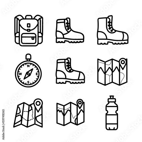 Outdoor hiking footwear and accessories outline icons set
