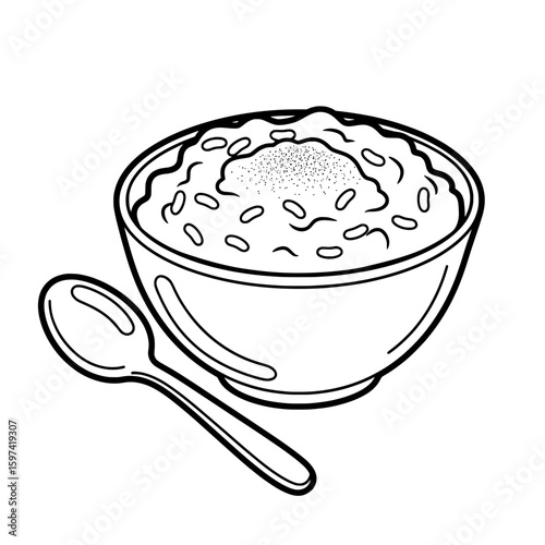 Bowl of rice porridge with a spoon on side for breakfast or meal