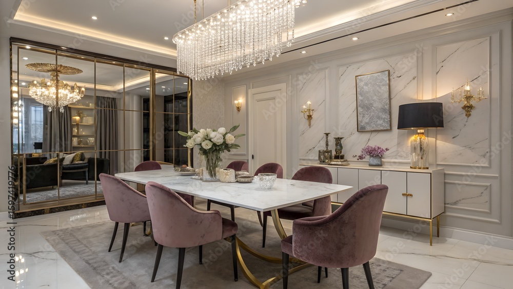 Fototapeta premium Dining Room with Marble Table and Velvet Chairs