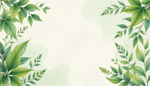 Serene background featuring lush green leaves and delicate foliage, creating calming and natural atmosphere. Perfect for nature themed designs or invitations
