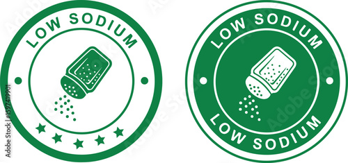 Low sodium vector badges with salt shaker symbol