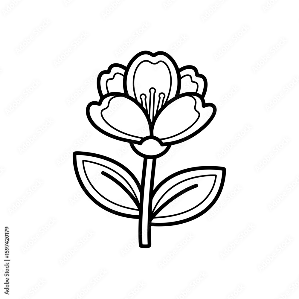 Obraz premium Outline of a blooming flower with leaves for decoration