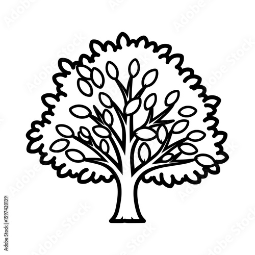 Outline drawing of a leafy tree with a full canopy